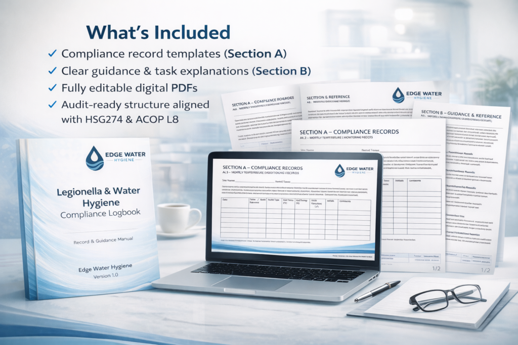 Legionella compliance digital logbook with editable monitoring record templates and guidance sections