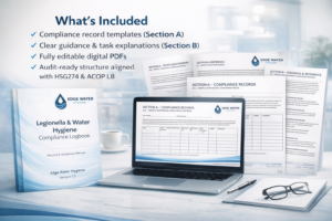 Legionella compliance digital logbook with editable monitoring record templates and guidance sections