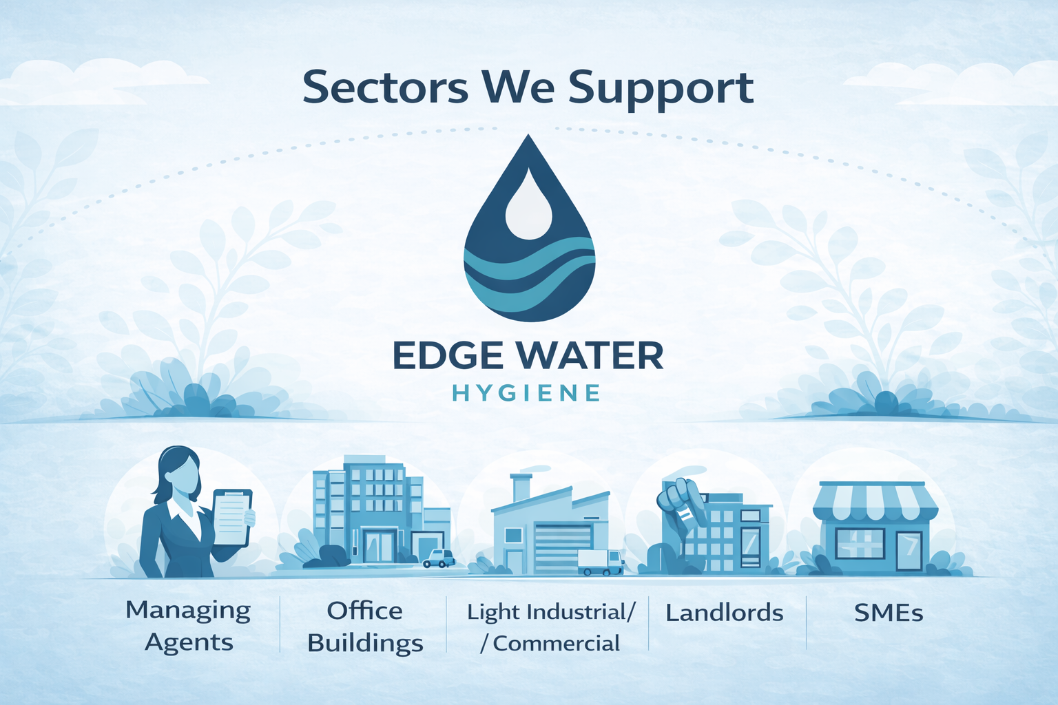 Commercial and public sector buildings supported by Edge Water Hygiene, including healthcare, education, hospitality and office facilities.