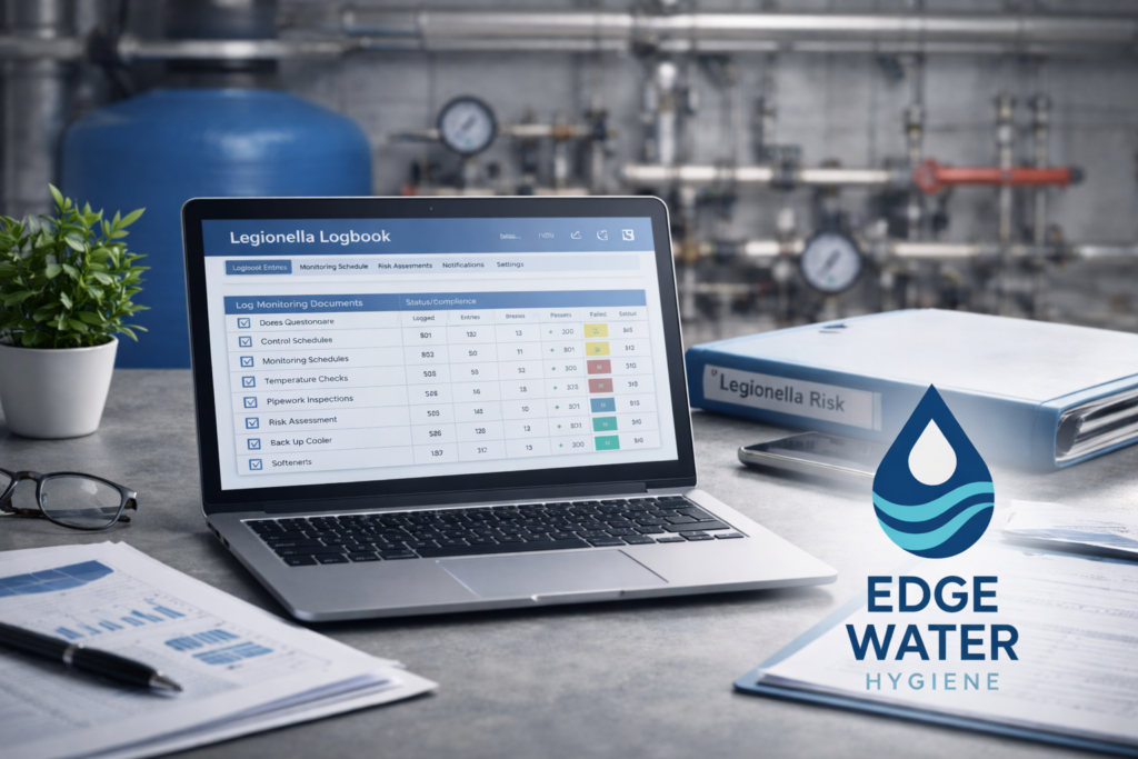 Digital Legionella logbook compliance system on laptop in commercial plant room, showing monitoring schedules, temperature checks and risk assessment records by Edge Water Hygiene.