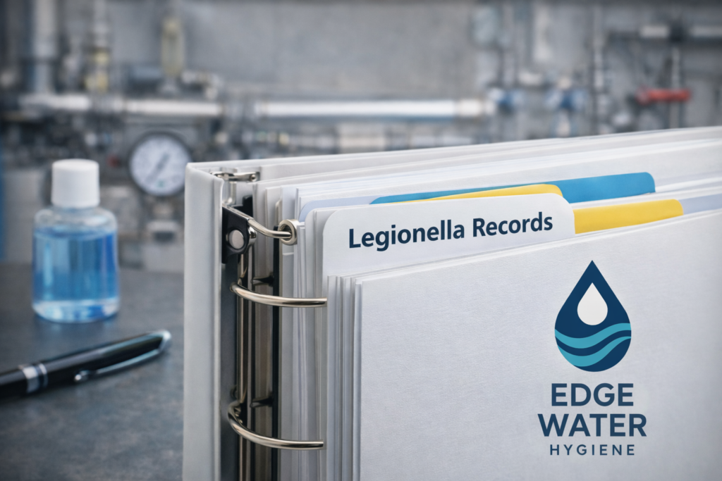 Legionella compliance record binder by Edge Water Hygiene in commercial plant room, organised for monitoring, temperature checks and risk assessment documentation.