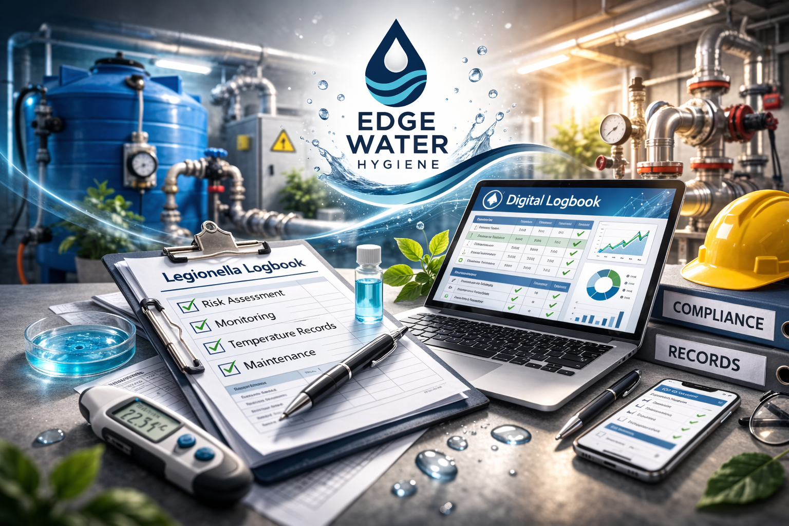 Digital Legionella logbook and compliance record system by Edge Water Hygiene, showing risk assessment, monitoring, temperature records and maintenance tracking in a commercial plant room.