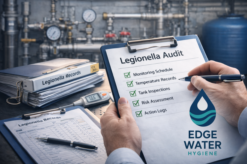 Person completing a Legionella audit checklist on a clipboard, with monitoring schedule, temperature records, tank inspections and risk assessment items ticked, surrounded by Legionella record folders and water system pipework in a plant room, branded Edge Water Hygiene.