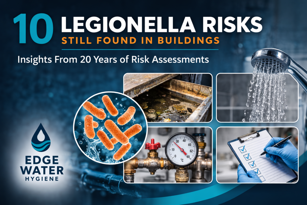 Illustration showing common Legionella risks in building water systems such as stagnant water, tanks and pipework.