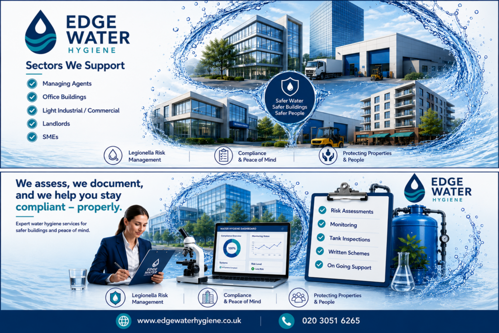 Edge Water Hygiene promotional banner featuring the company logo, a water-themed design with modern office buildings, industrial units and residential properties surrounded by dynamic water splashes. The image highlights sectors supported including managing agents, office buildings, light industrial/commercial properties, landlords and SMEs. Footer includes Legionella risk management, compliance support, property protection services, website www.edgewaterhygiene.co.uk and phone number 020 3051 6265.